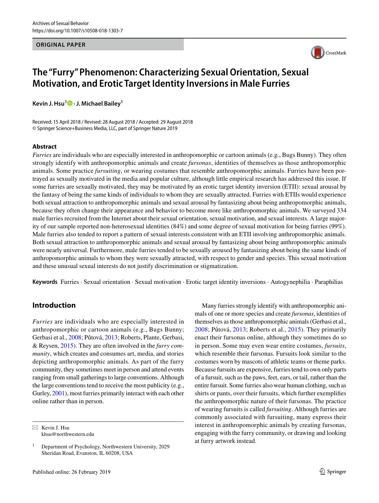The “Furry” Phenomenon: Characterizing Sexual Orientation, Sexual Motivation, and Erotic Target Identity Inversions in Male Furries by Kevin J. Hsu & J. Michael Bailey