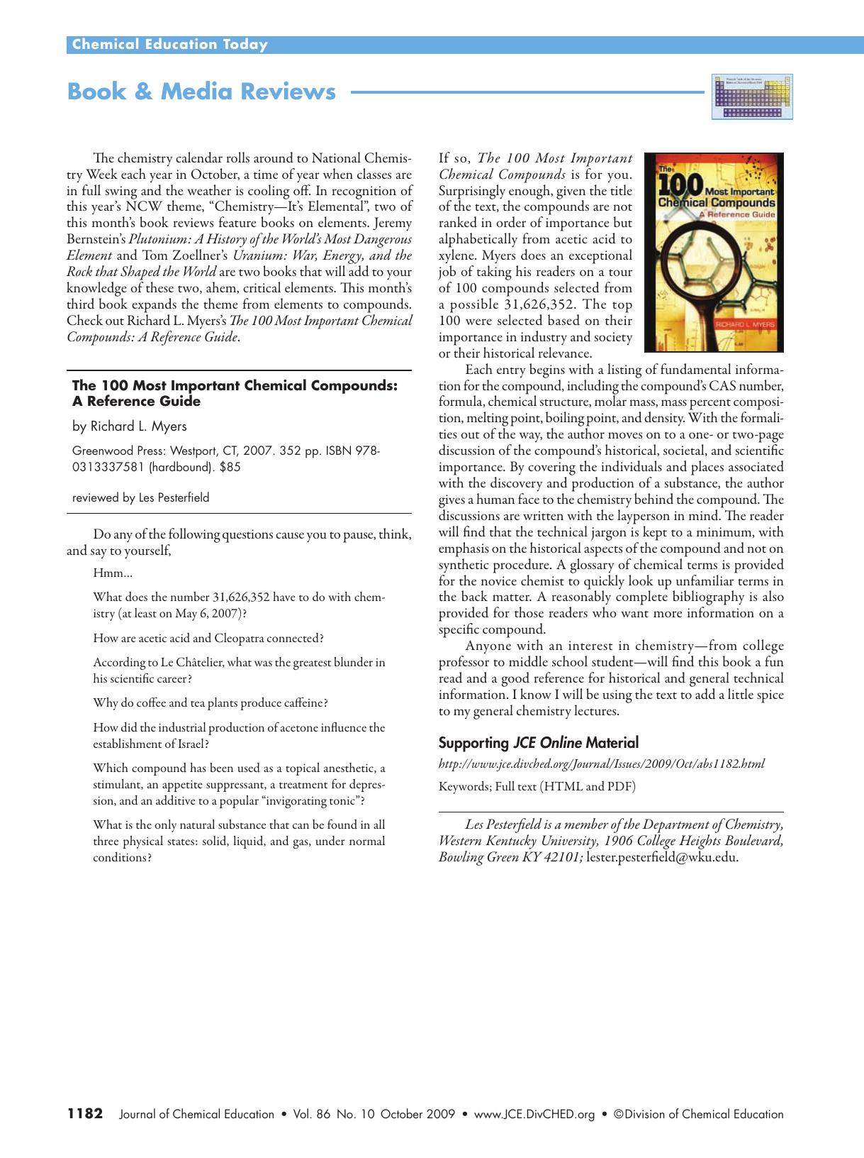 The 100 Most Important Chemical Compounds: A Reference Guide (by Richard L. Myers) by Les L. Pesterfield