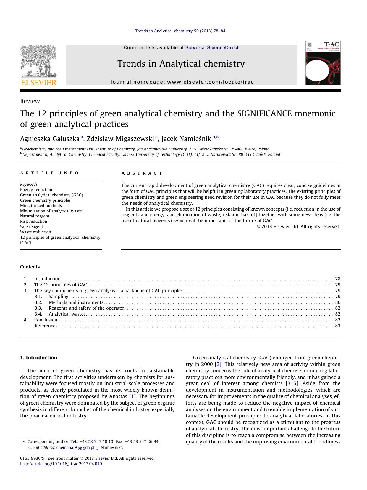 The 12 principles of green analytical chemistry and the SIGNIFICANCE mnemonic of green analytical practices by Agnieszka GaÅ‚uszka & Zdzisław Migaszewski & Jacek Namieśnik