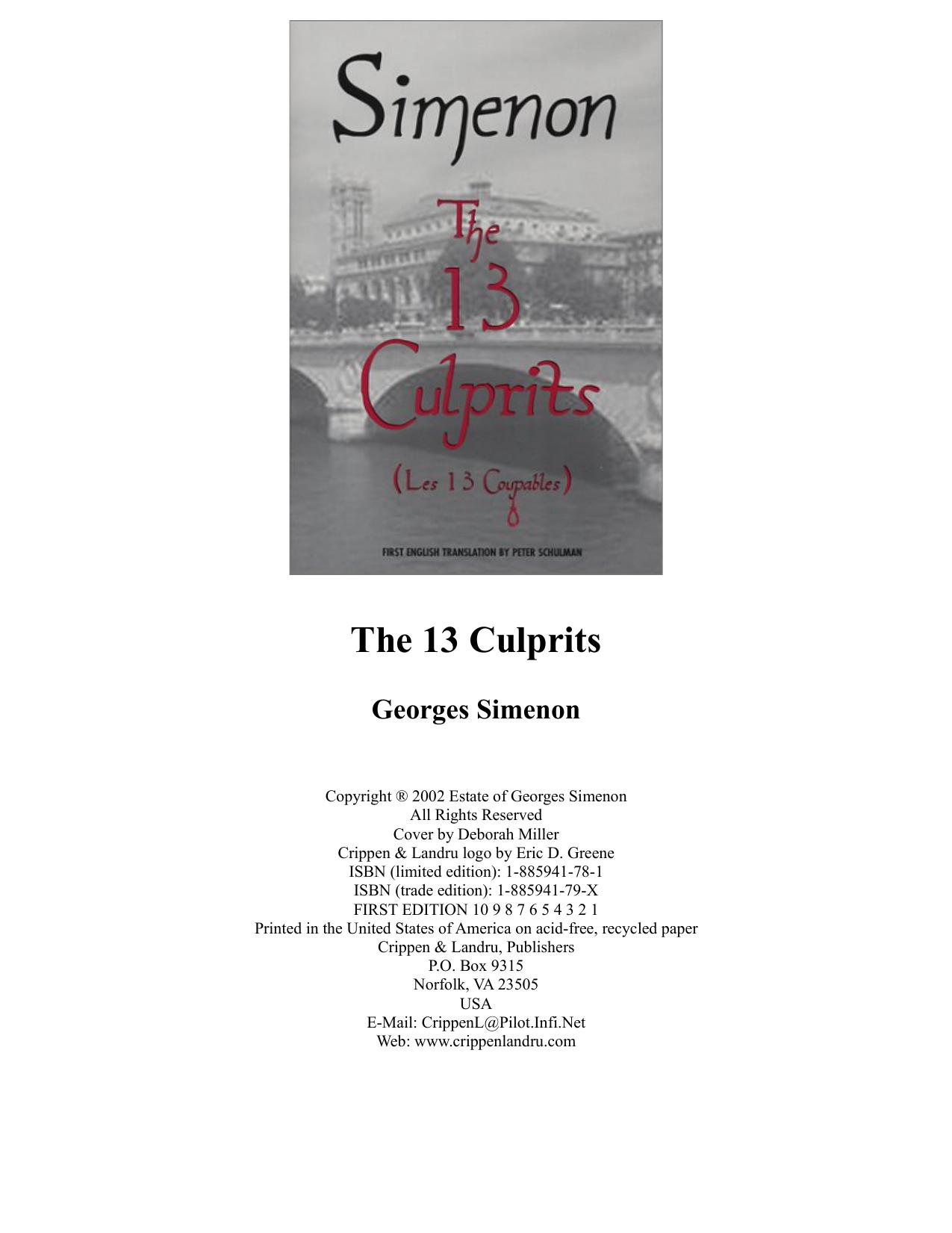 The 13 Culprits by Georges Simenon Peter Schulman