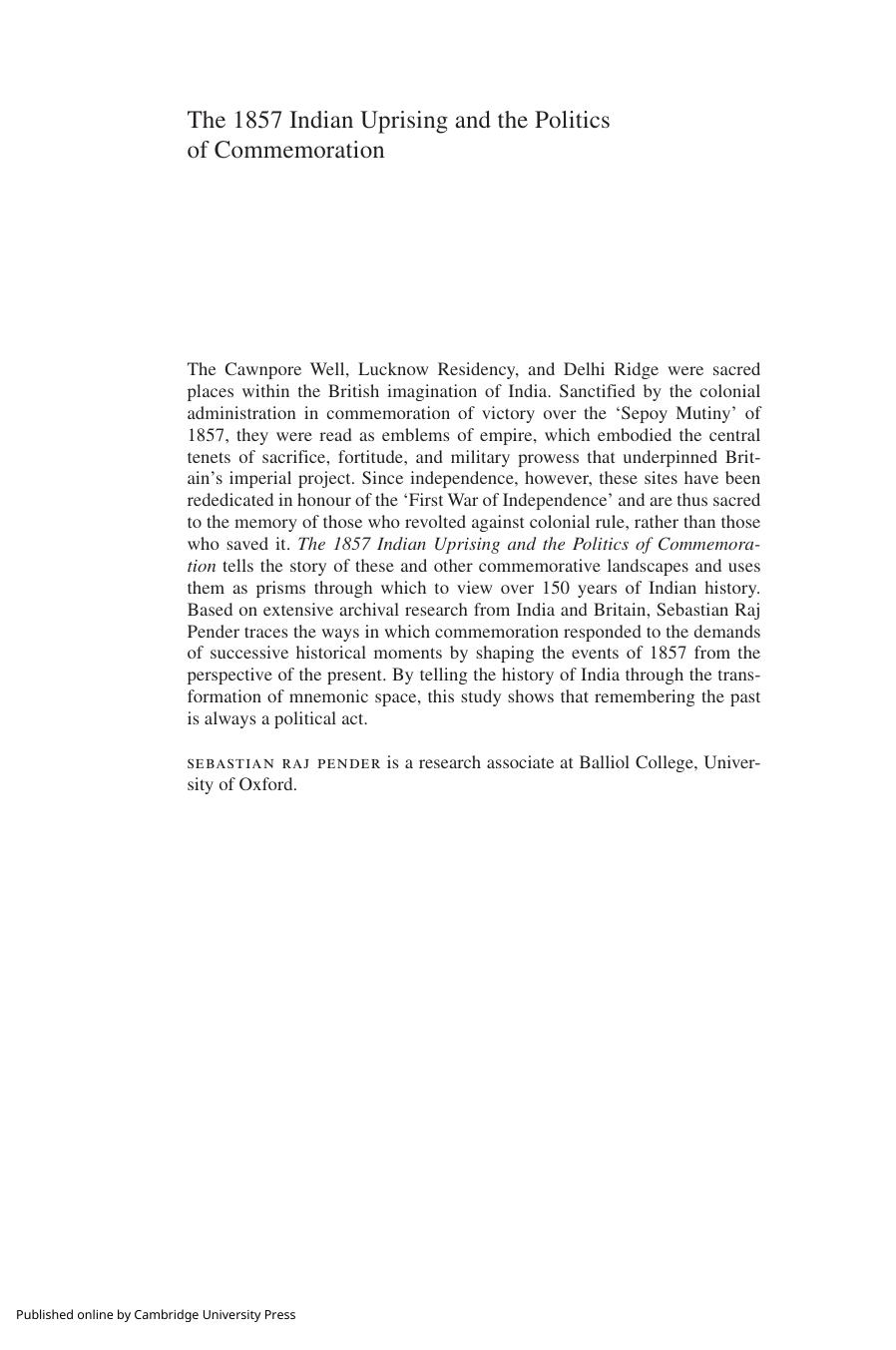 The 1857 Indian Uprising and the Politics of Commemoration by Sebastian Raj Pender