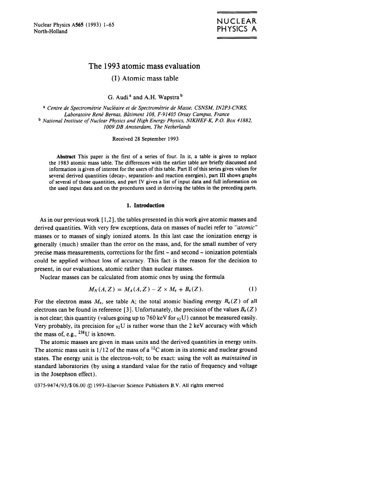 The 1993 atomic mass evaluation (I) atomic mass table by Audi G.; Wapstra A.H