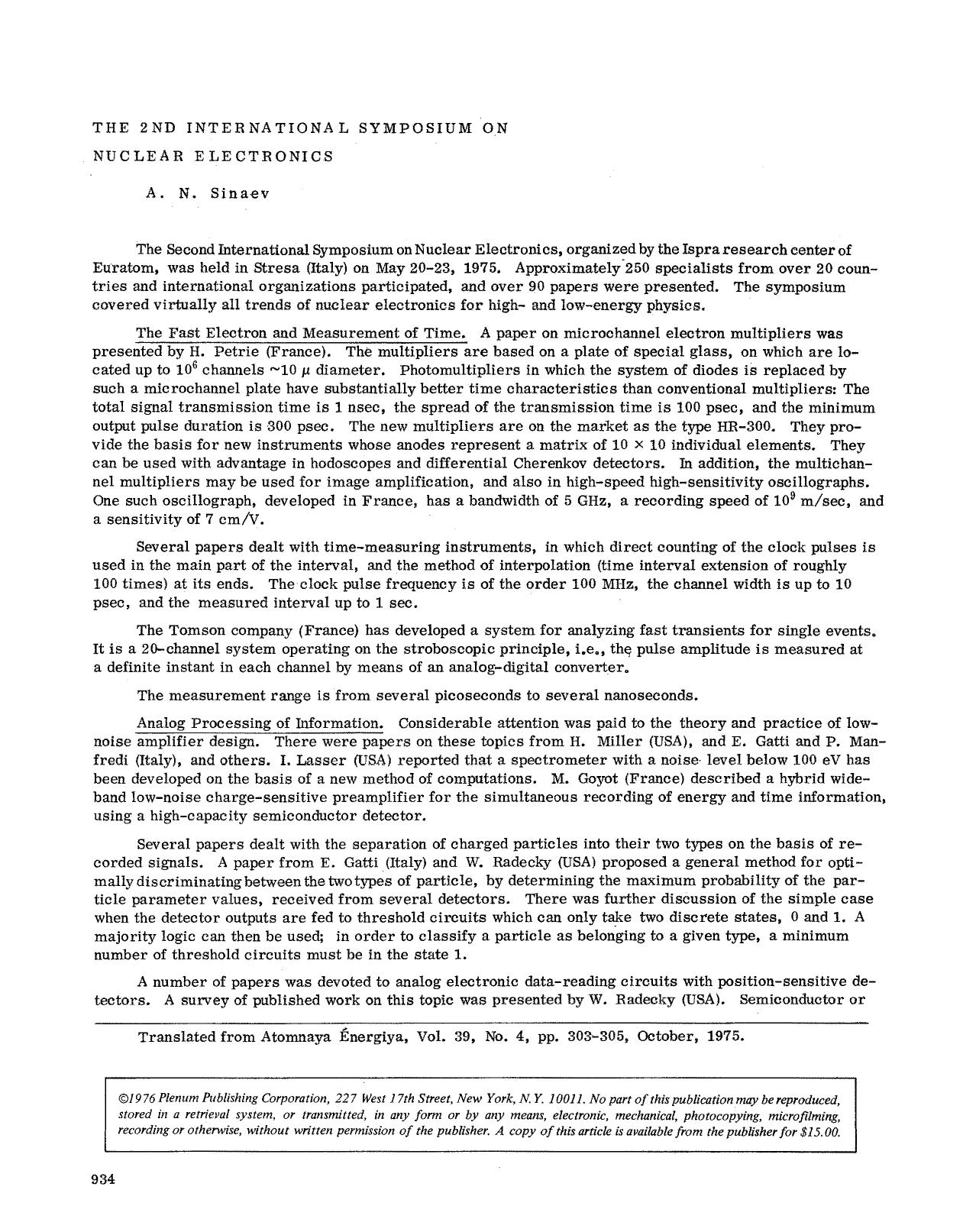 The 2nd International Symposium on Nuclear Electronics by Unknown