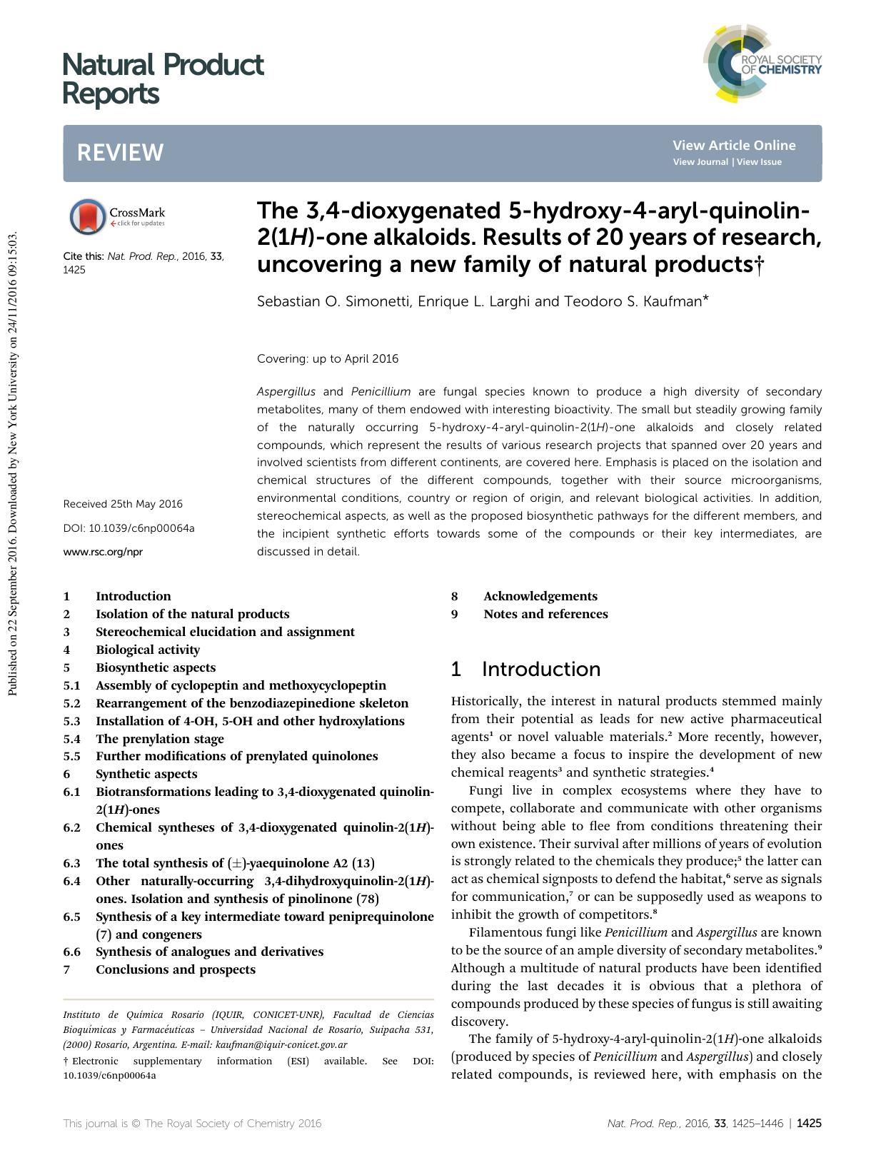 The 3,4-dioxygenated 5-hydroxy-4-aryl-quinolin-2(1H)-one alkaloids. Results of 20 years of research, uncovering a new family of natural products by Sebastian O. Simonetti & Enrique L. Larghi & Teodoro S. Kaufman