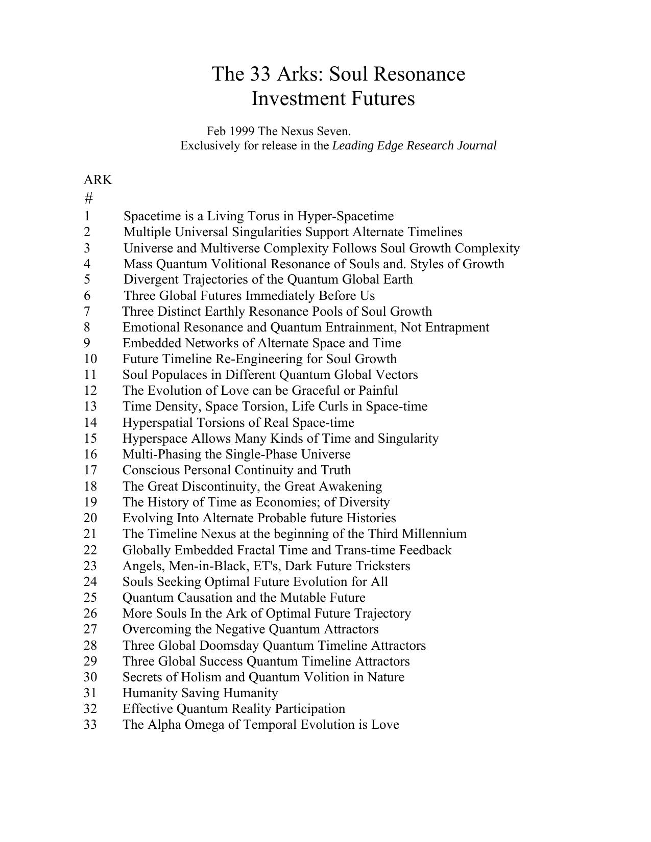 The 33 Arks: Soul Resonance Investment Futures by Nexus Seven