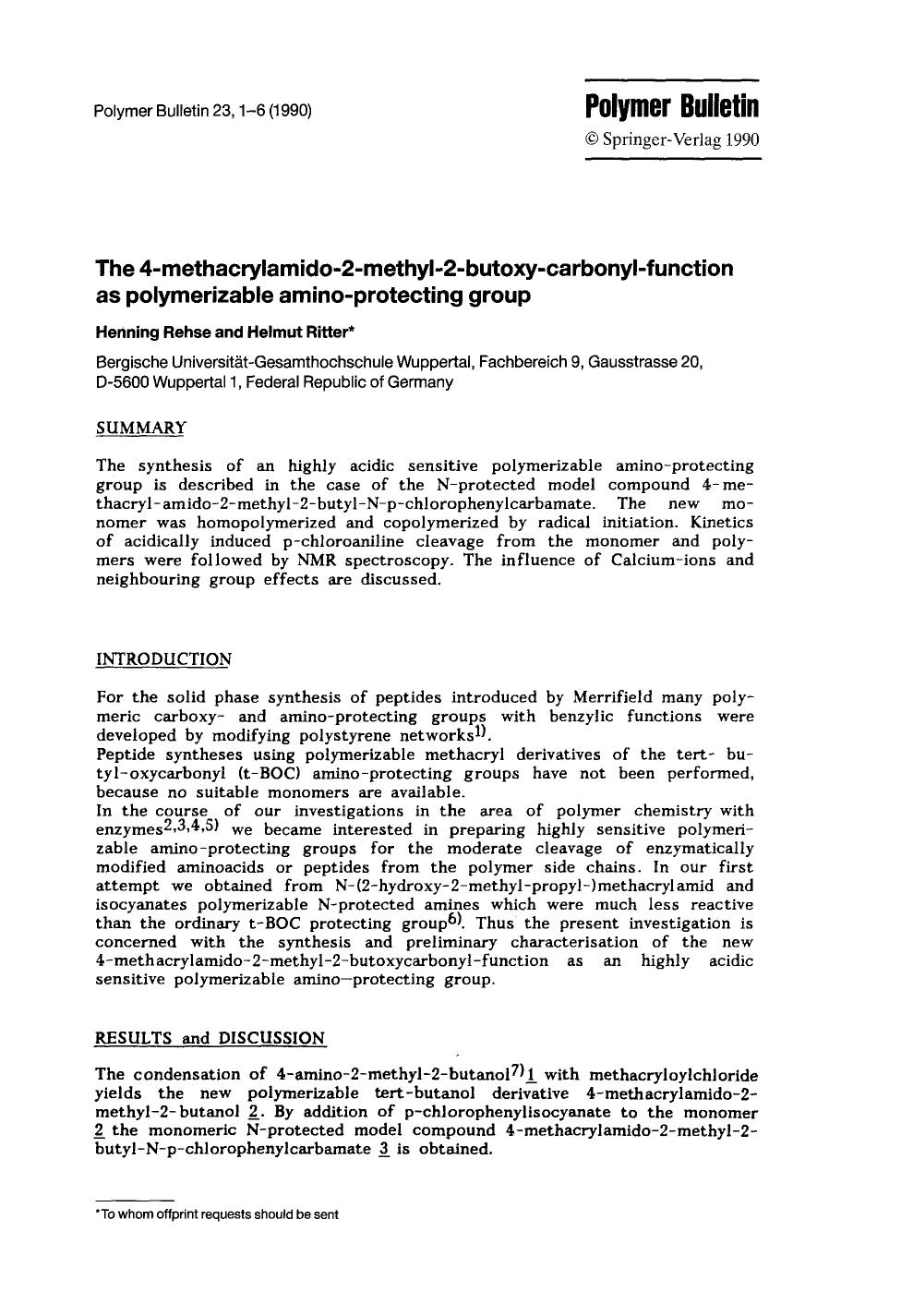 The 4-methacrylamido-2-methyl-2-butoxy-carbonyl-function as polymerizable amino-protecting group by Unknown