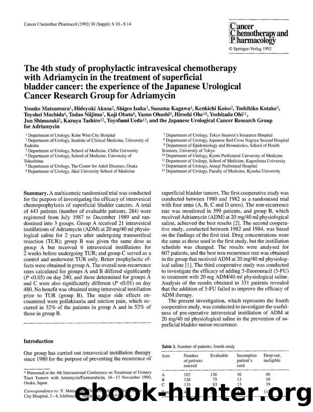 The 4th study of prophylactic intravesical chemotherapy with Adriamycin in the treatment of superficial bladder cancer: the experience of the Japanese urological cancer research group of Adriamycin by Unknown