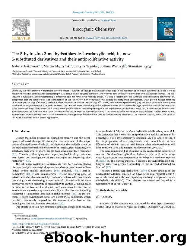The 5-hydrazino-3-methylisothiazole-4-carboxylic acid, its new 5-substituted derivatives and their antiproliferative activity by Izabela Jęśkowiak & Marcin Mączyński & Justyna Trynda & Joanna Wietrzyk & Stanisław Ryng
