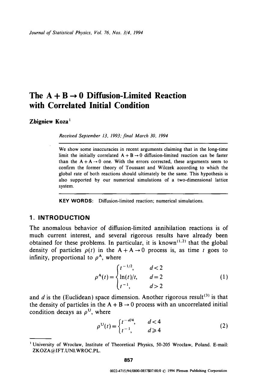 The A+B&#x2192;0 diffusion-limited reaction with correlated initial condition by Unknown