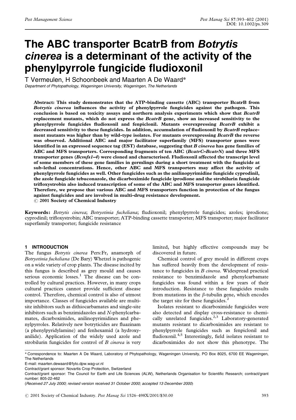 The ABC transporter BcatrB from Botrytis cinerea is a determinant of the activity of the phenylpyrrole fungicide fludioxonil by Unknown