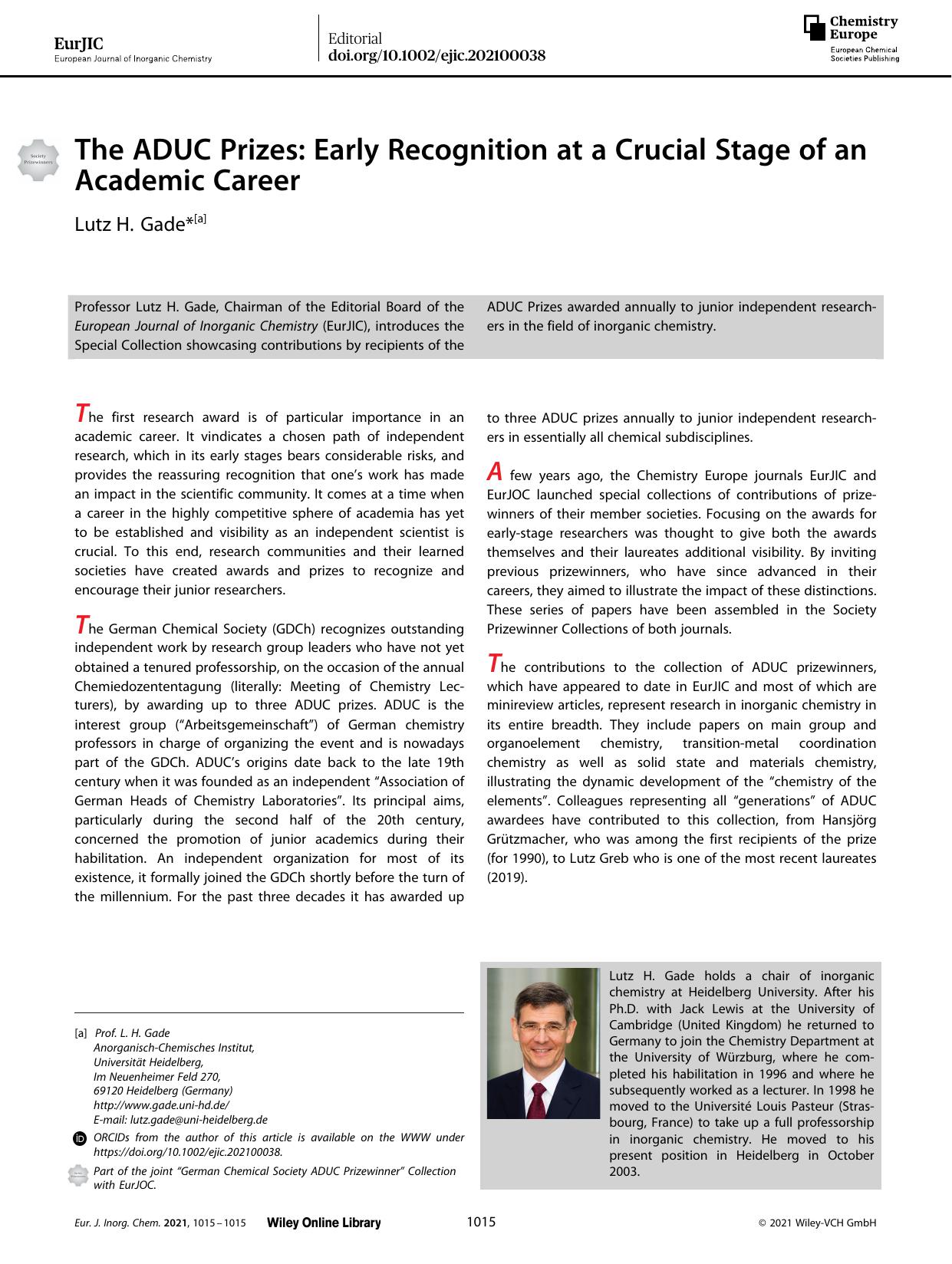 The ADUC Prizes: Early Recognition at a Crucial Stage of an Academic Career by Unknown