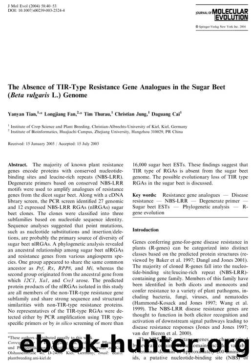 The Absence of TIR-Type Resistance Gene Analogues in the Sugar Beet (Beta vulgaris L.) Genome by Tian Y. et al