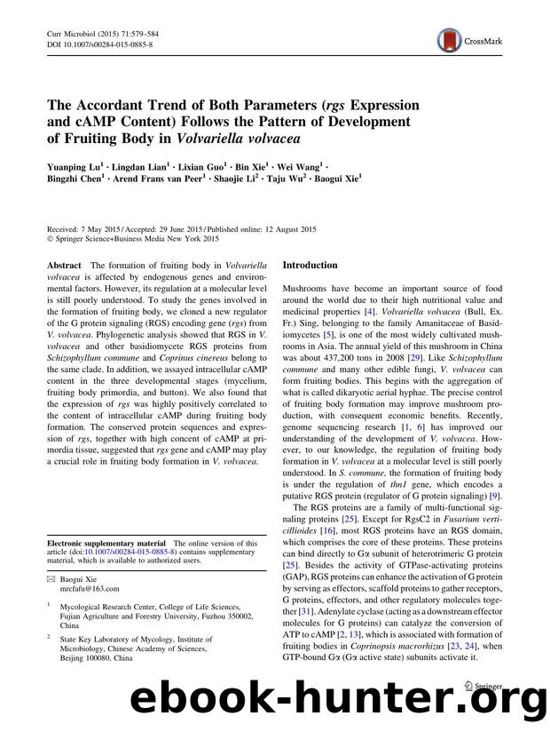 The Accordant Trend of Both Parameters (rgs Expression and cAMP Content) Follows the Pattern of Development of Fruiting Body in Volvariella volvacea by unknow