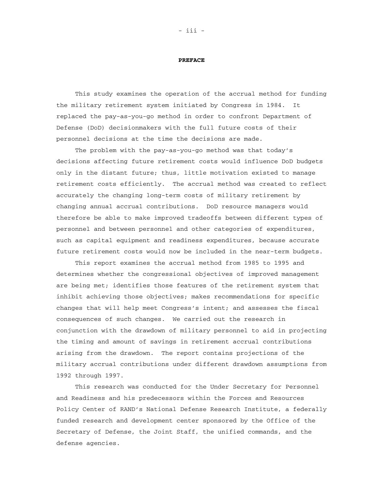 The Accrual Method For Funding Military Retirement: Assessment and Recommended Changes (2001) by Richard Eisenman