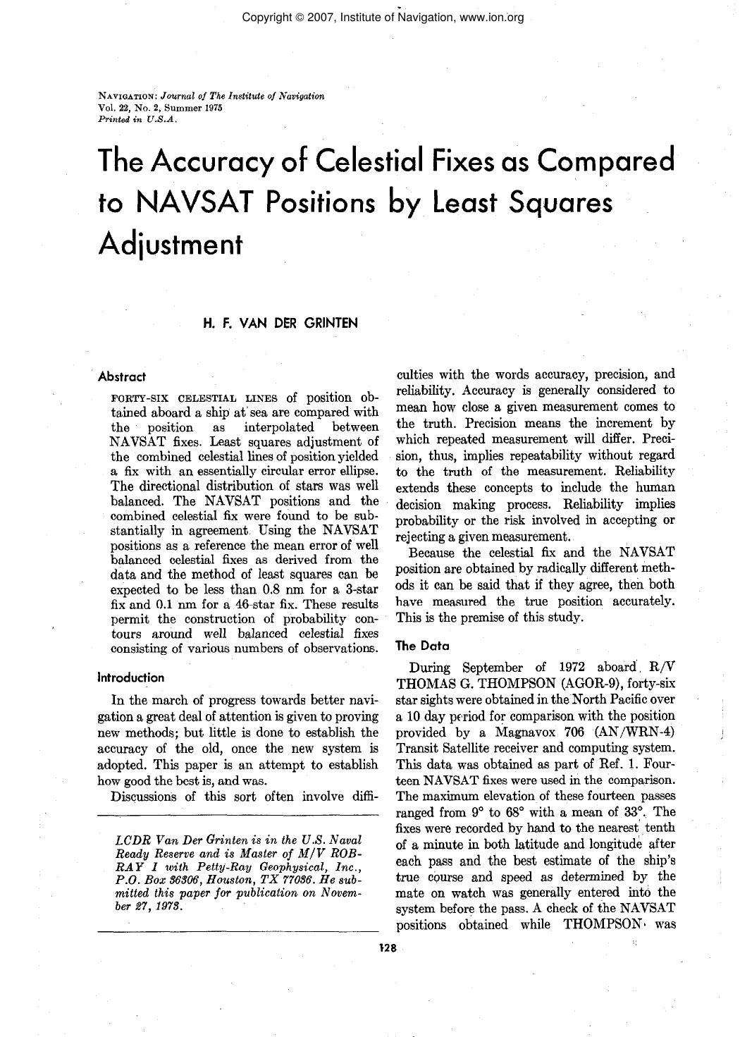 The Accuracy of Celestial Fixes as Compared to NAVSAT Positions Adjustment by Least Squares by H. F. VAN DER GRINTEN