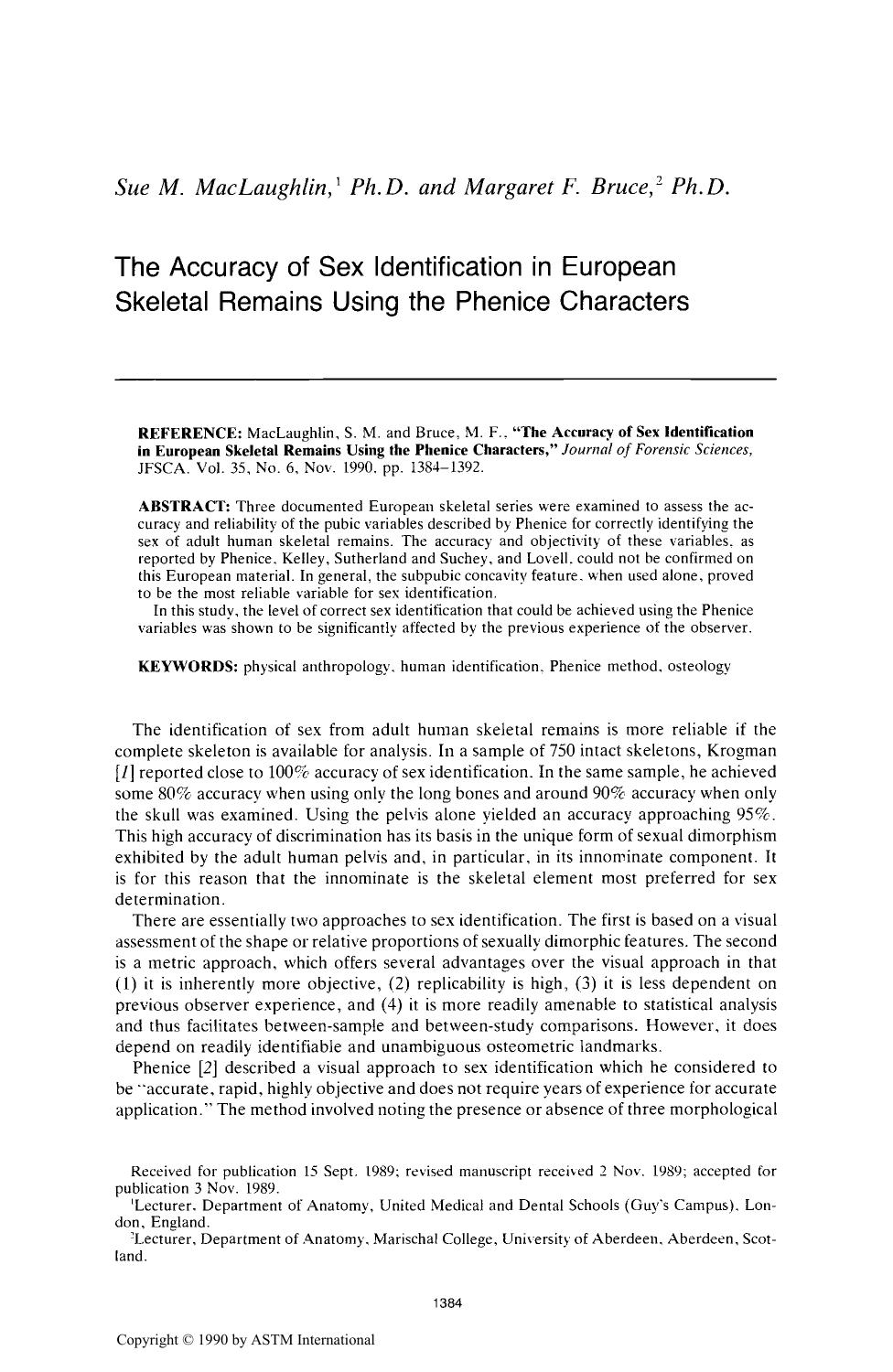 The Accuracy of Sex Identification in European Skeletal Remains Using the Phenice Characters by MacLaughlin SM Bruce MF