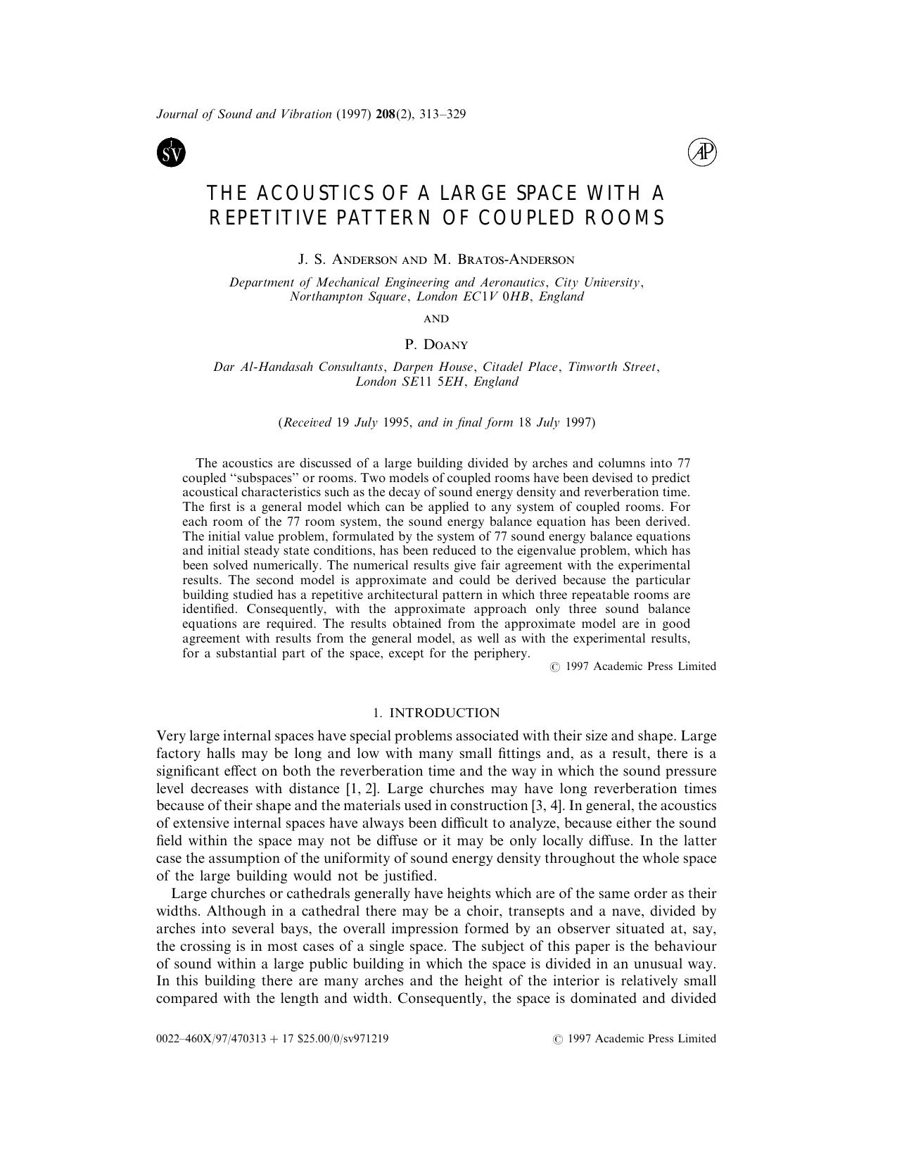 The Acoustics of a Large Space With a Repetitive Pattern of Coupled Rooms by Anderson J. S. et al