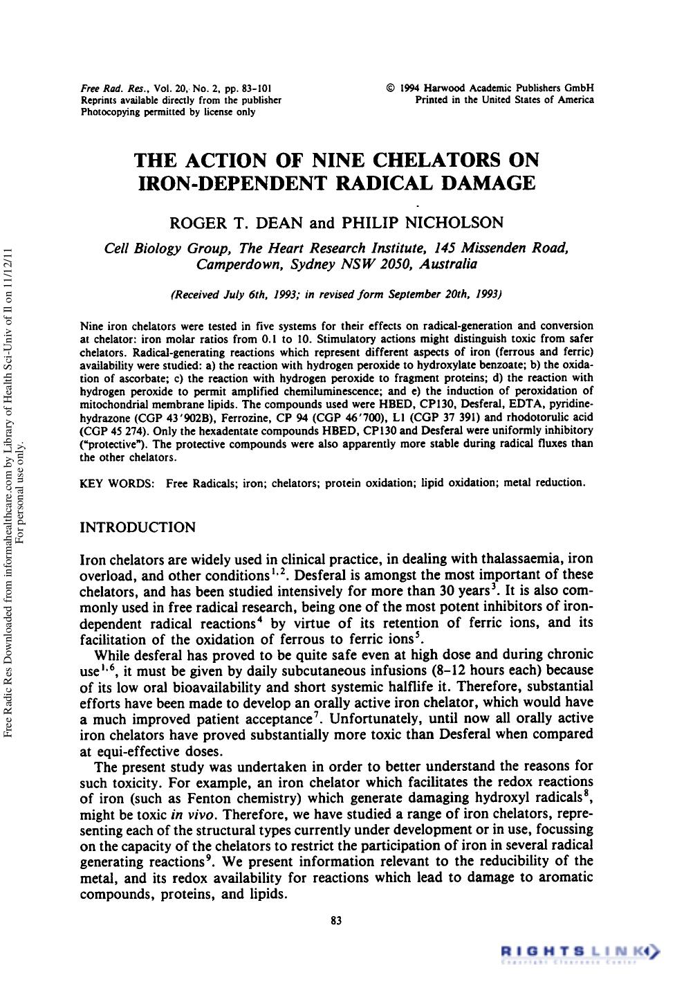 The Action of Nine Chelators on Iron-Dependent Radical Damage by Roger T. Dean1 & Philip Nicholson1