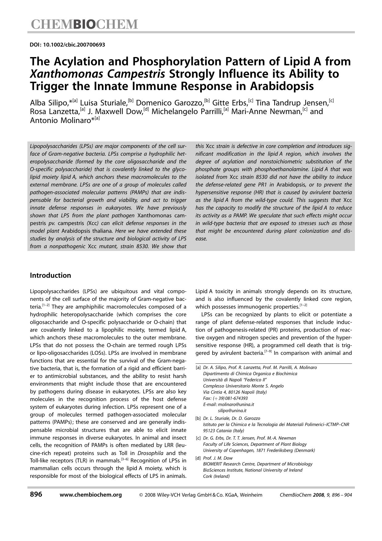 The Acylation and Phosphorylation Pattern of Lipid A from Xanthomonas Campestris Strongly Influence its Ability to Trigger the Innate Immune Response in Arabidopsis by Unknown