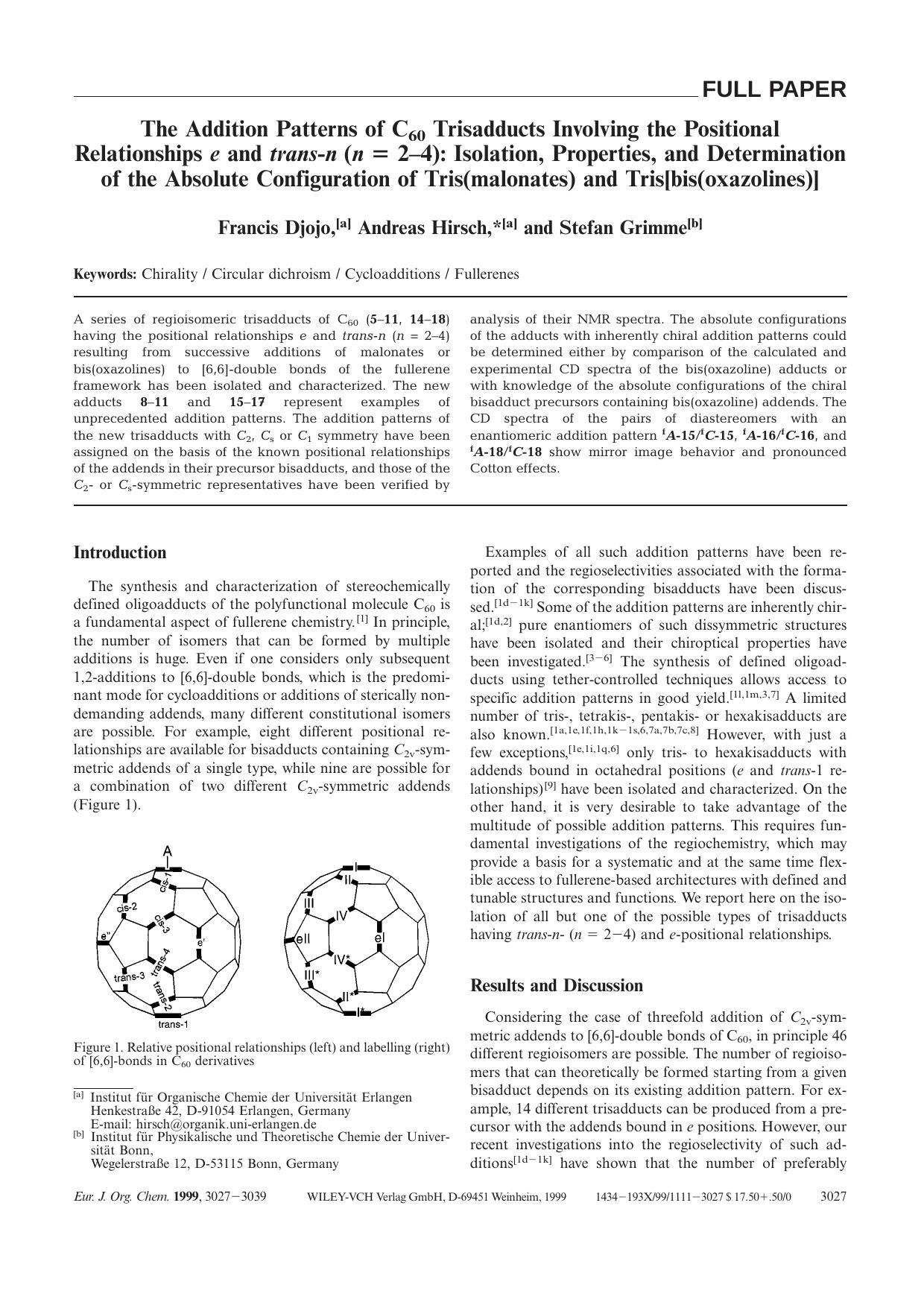 The Addition Patterns of C60 Trisadducts Involving the Positional Relationships e and trans-n (n [equals] 2-4): Isolation, Properties, and Determination of the Absolute Configurati by Unknown