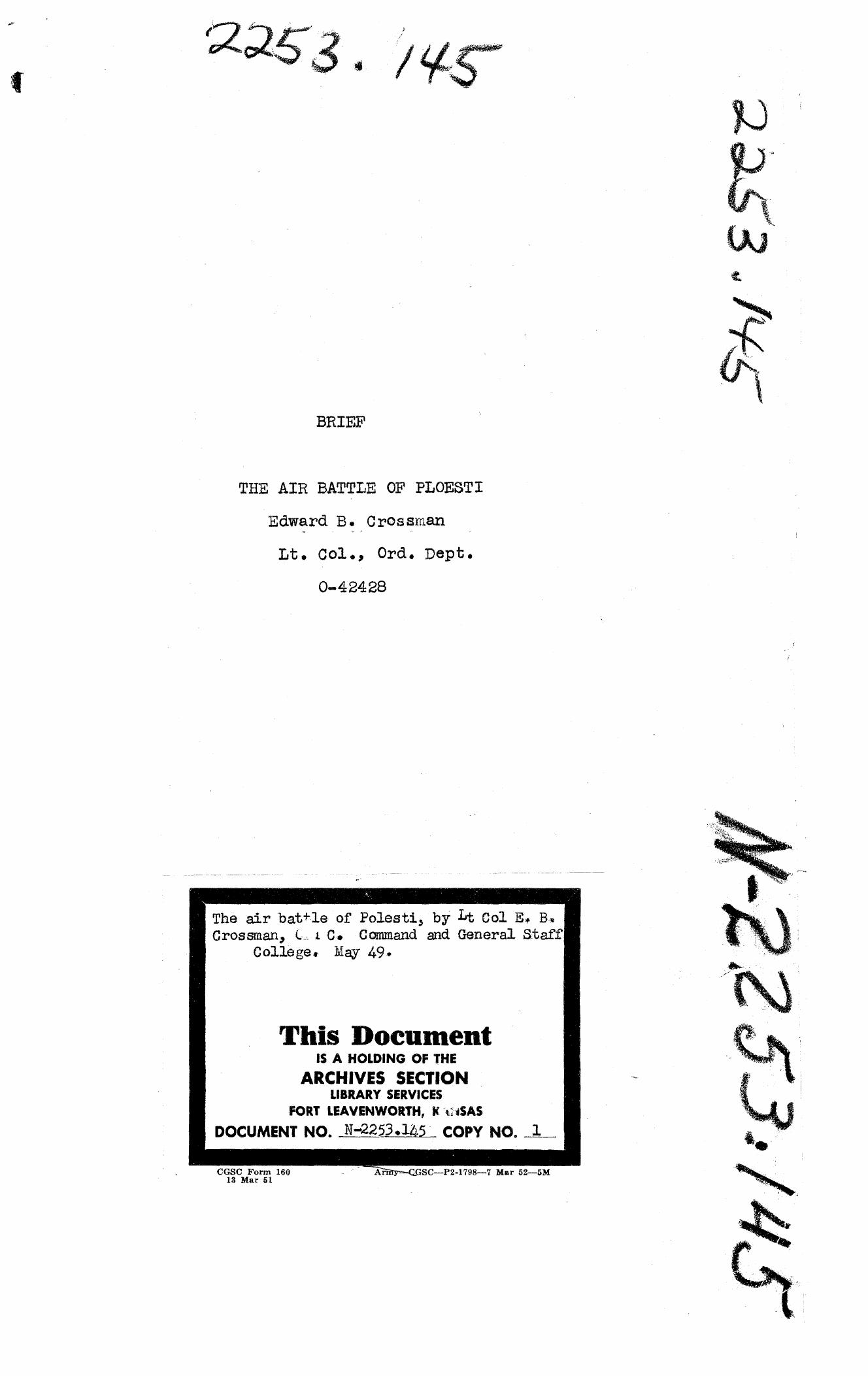 The Air Battle of Ploesti by Edward B. Crossman