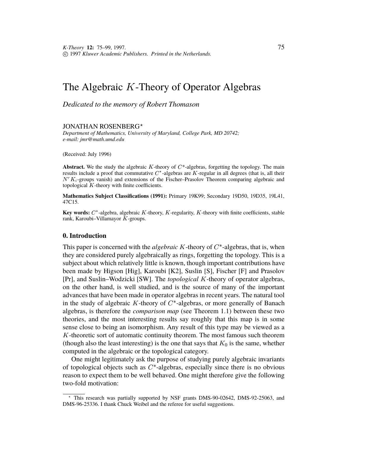 The Algebraic K-Theory of Operator Algebras by Unknown