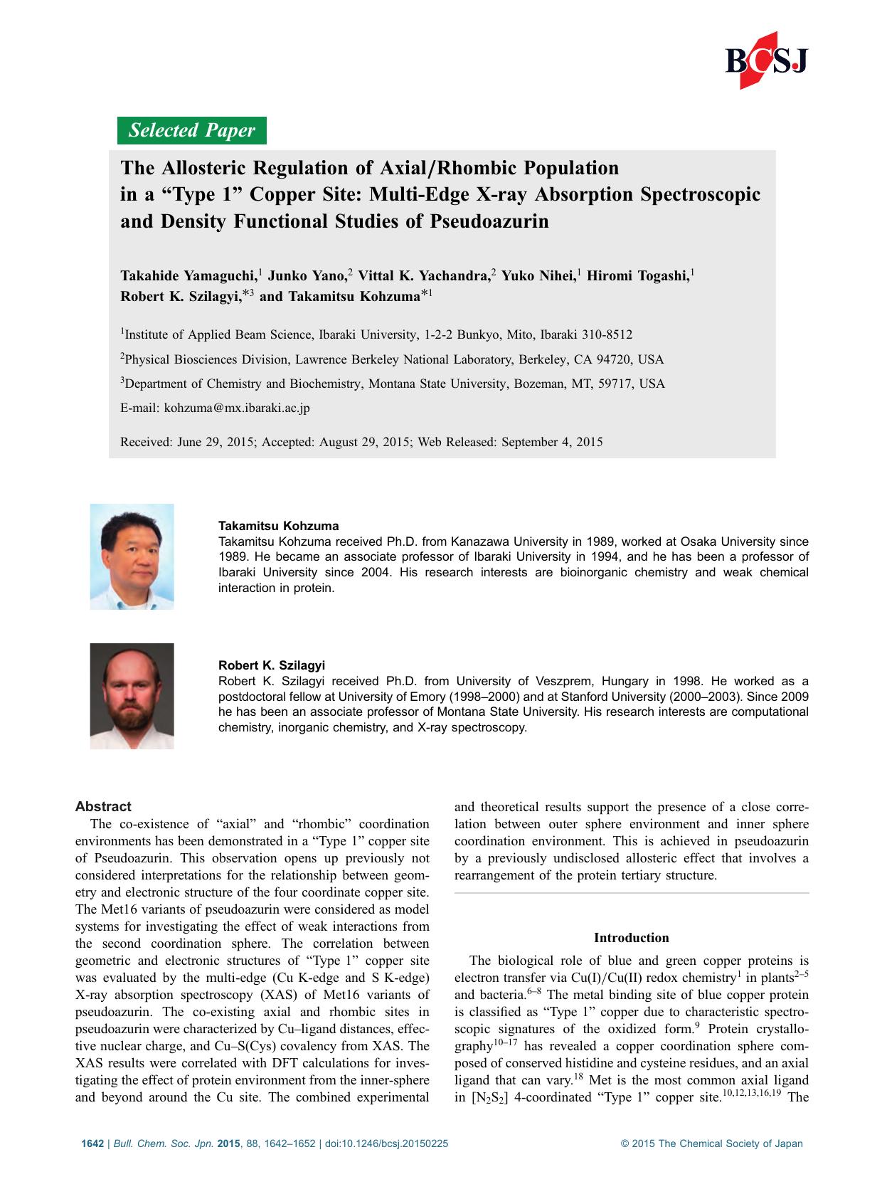 The Allosteric Regulation of AxialRhombic Population in a âType1â Copper Site: Multiedge X-ray Absorption Spectroscopic and Density Functional Studies of Pseudoazurin by unknow