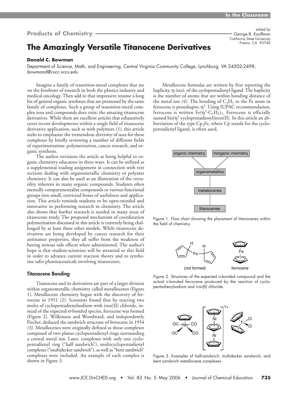 The Amazingly Versatile Titanocene Derivatives by Donald C. Bowman