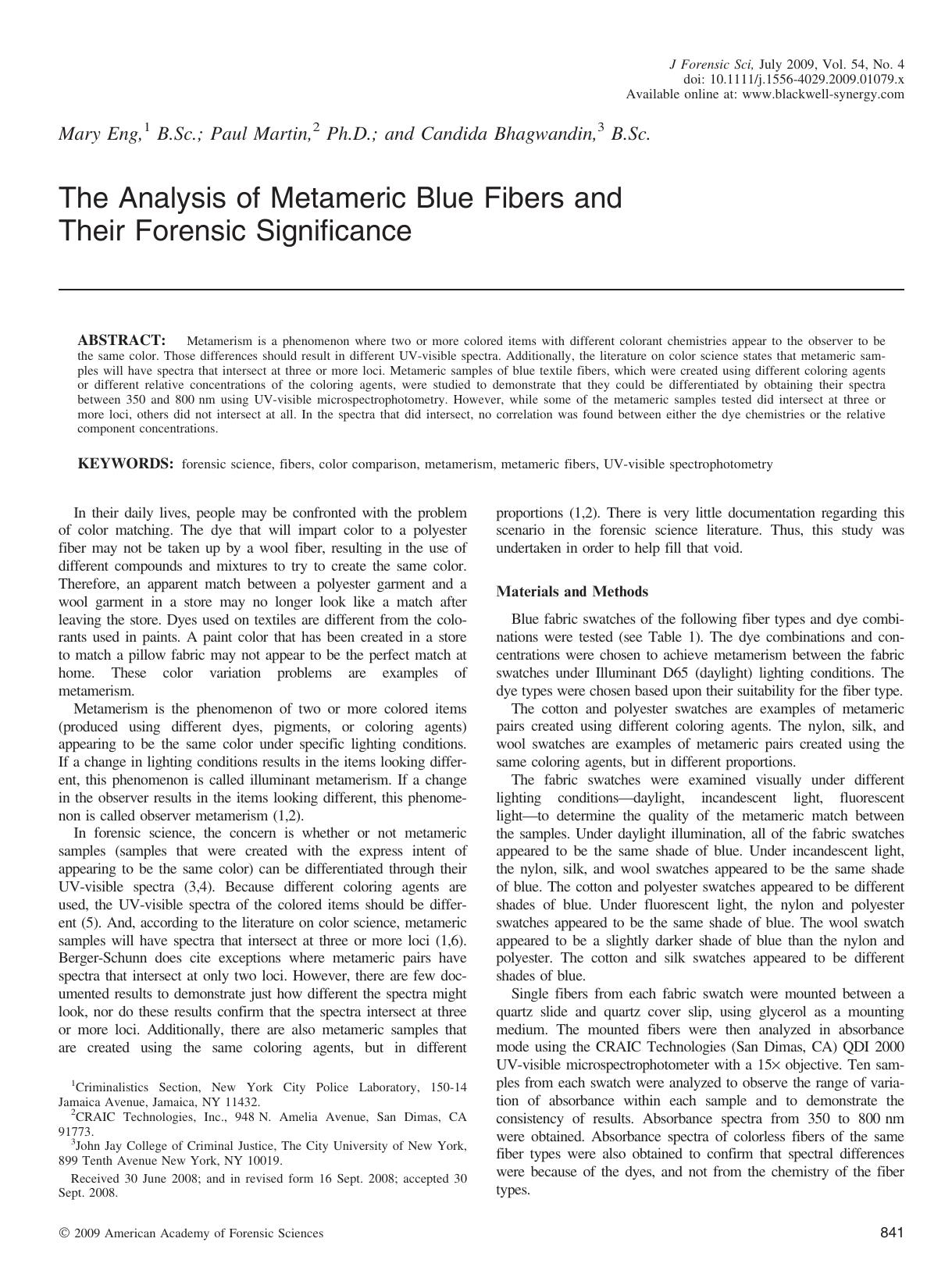 The Analysis of Metameric Blue Fibers and Their Forensic Significance by Unknown