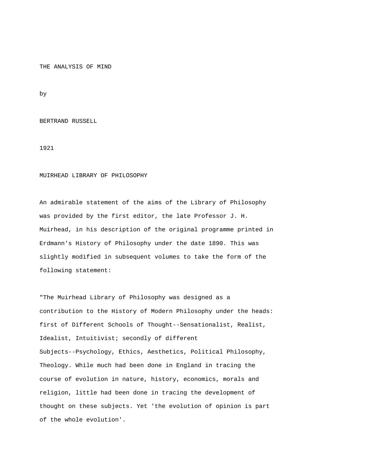 The Analysis of Mind by Bertrand Russell