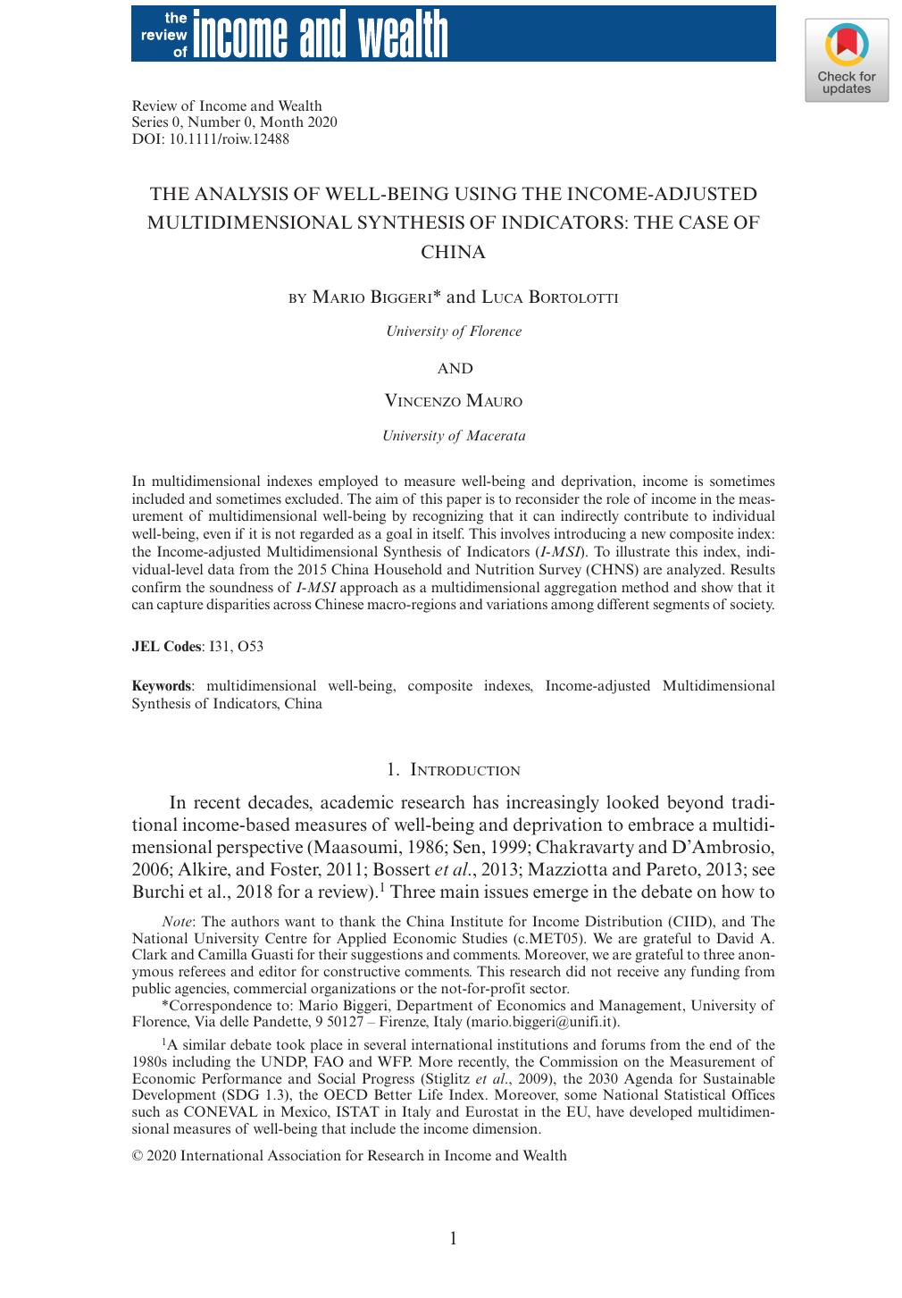 The Analysis of WellâBeing Using the IncomeâAdjusted Multidimensional Synthesis of Indicators: The Case of China by Unknown