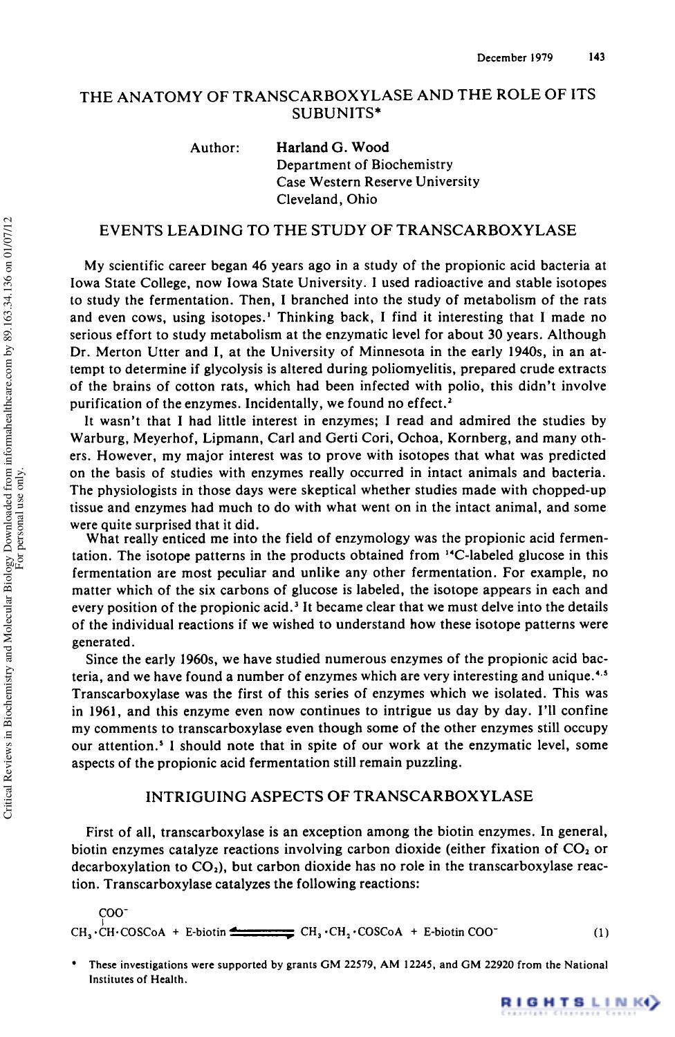 The Anatomy of Transcarboxylase and The Role of Its Subunit by Harland G. Wood
