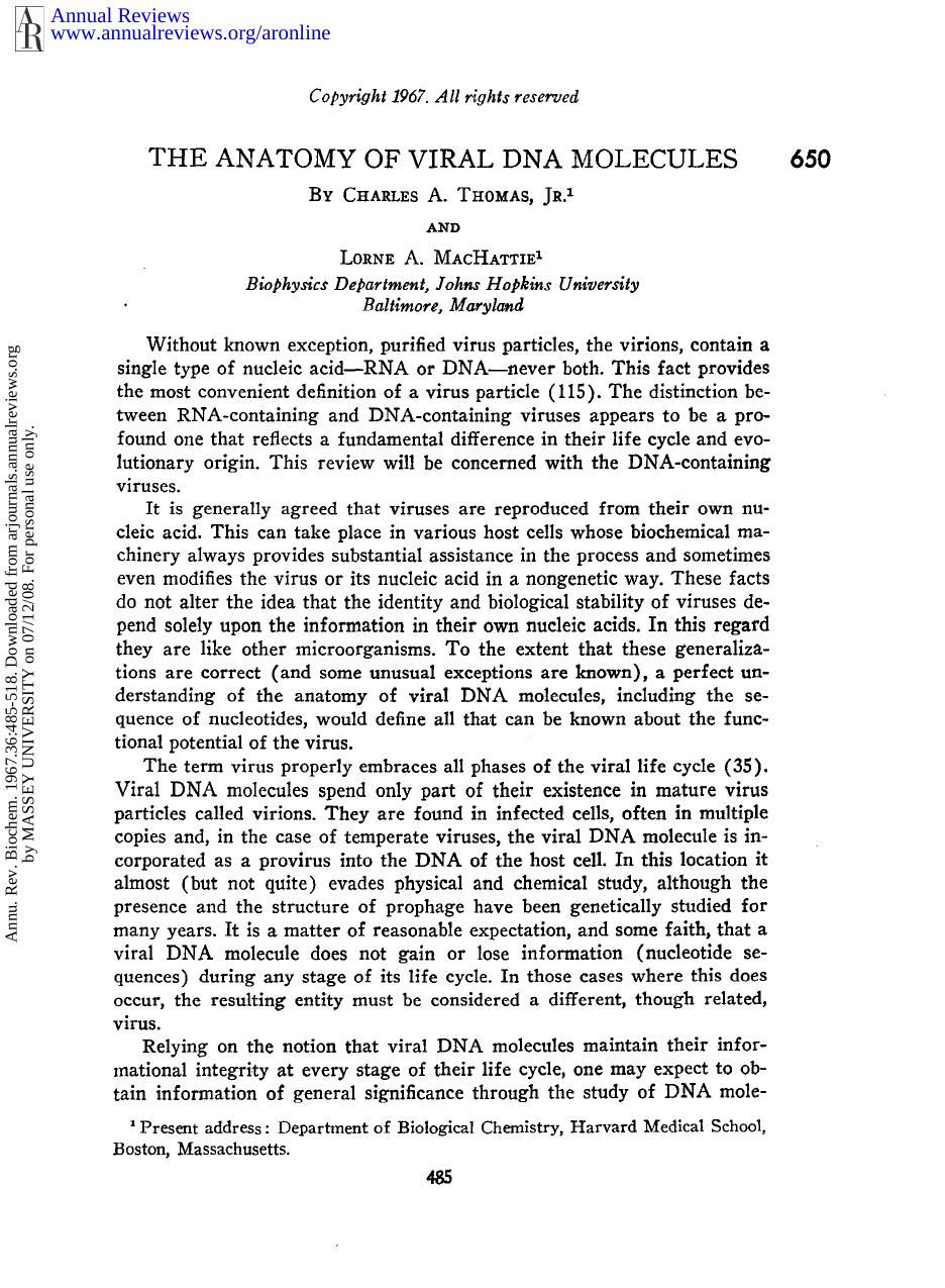 The Anatomy of Viral DNA Molecules by C A Thomas Jr & L A MacHattie