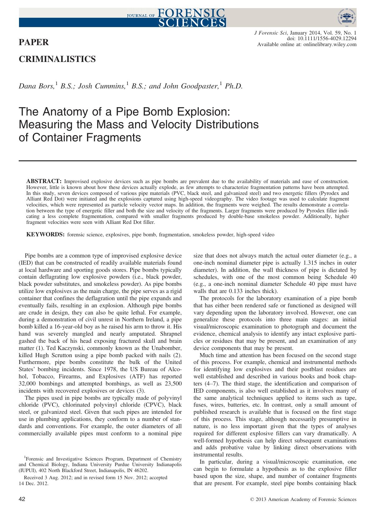 The Anatomy of a Pipe Bomb Explosion: Measuring the Mass and Velocity Distributions of Container Fragments by Unknown