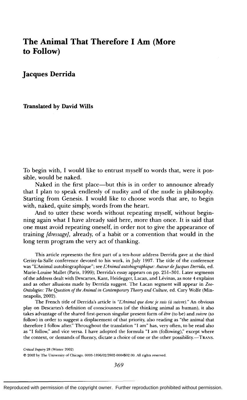 The Animal That Therefore I Am by Derrida Jacques
