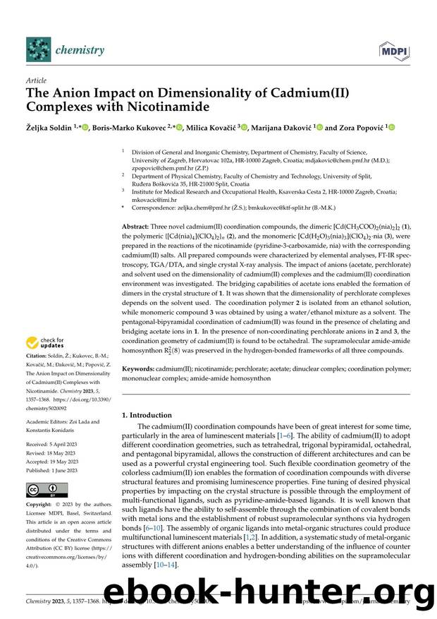 The Anion Impact on Dimensionality of Cadmium(II) Complexes with Nicotinamide by Željka Soldin Boris-Marko Kukovec Milica Kovačić Marijana Đaković & Zora Popović