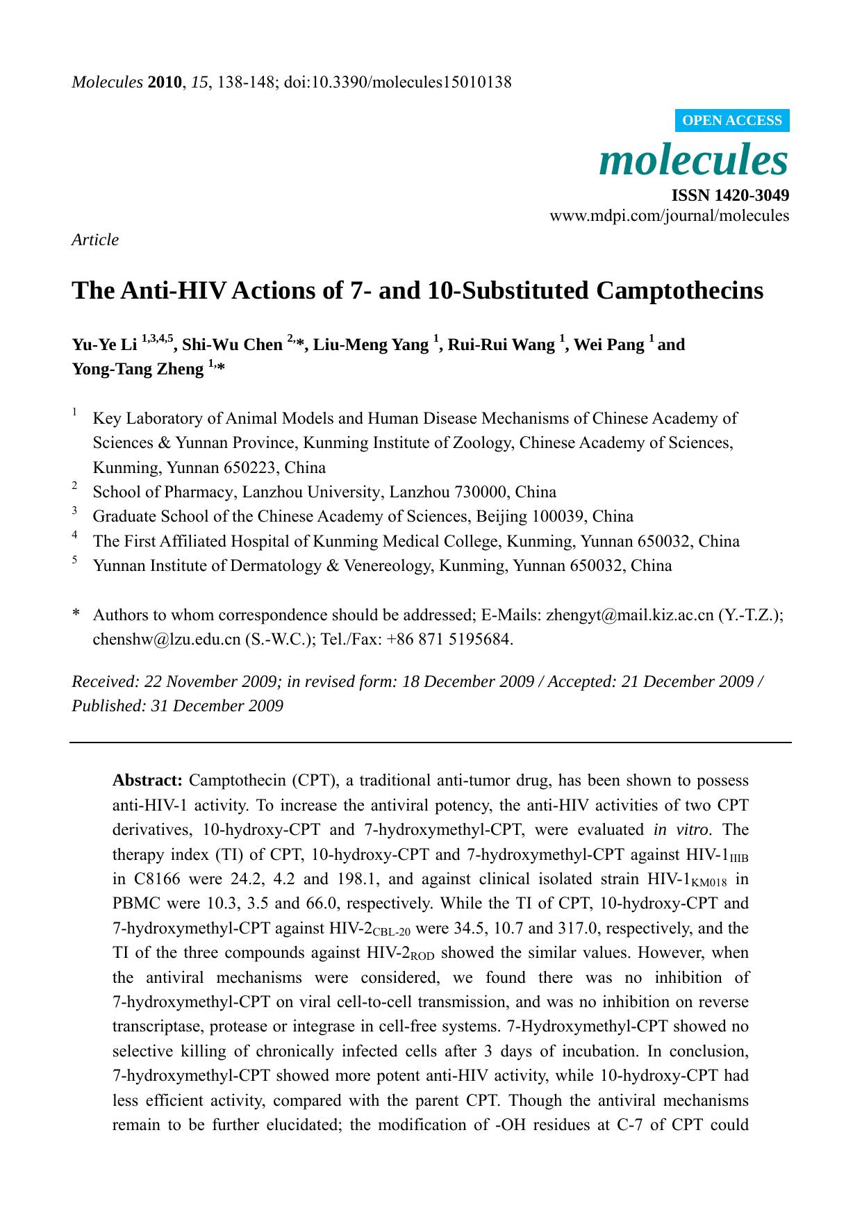 The Anti-HIV Actions of 7- and 10-Substituted Camptothecins by Yu-Ye Li & Shi-Wu Chen & Liu-Meng Yang & Rui-Rui Wang & Wei Pang & Yong-Tang Zheng