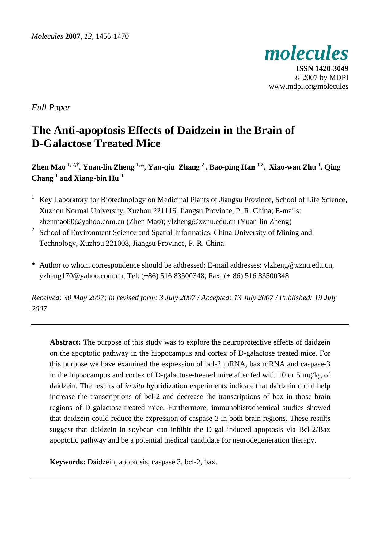 The Anti-apoptosis Effects of Daidzein in the Brain of D-Galactose Treated Mice by Zhen Mao & Yuan-lin Zheng & Yan-qiu Zhang & Bao-ping Han & Xiao-wan Zhu & Qing Chang & Xiang-bin Hu