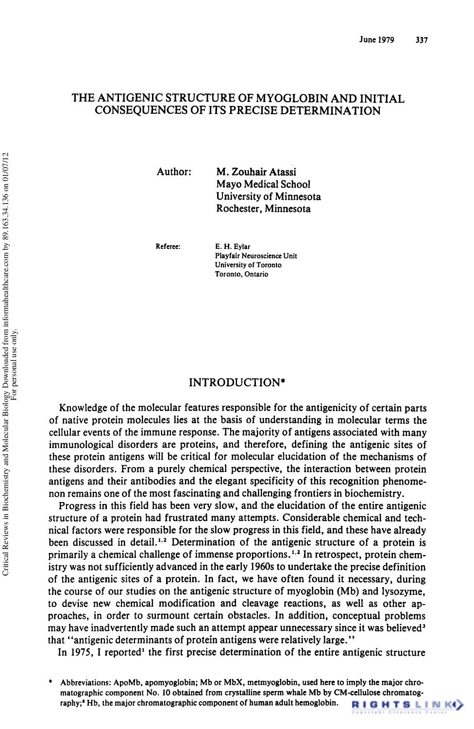 The Antigenic Structure of Myoglobin and Initial Consequences of Its Precise Determinatio by M. Zouhair Atassi & E. H. Eylar