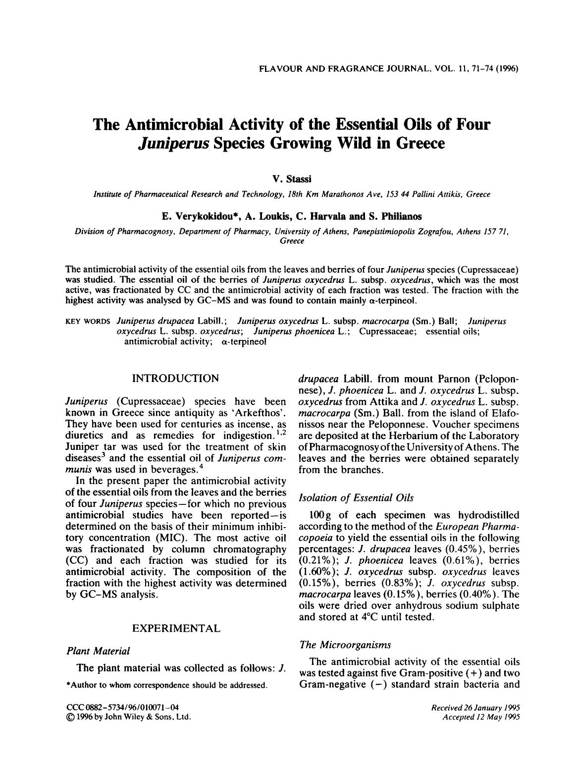 The Antimicrobial Activity of the Essential Oils of Four Juniperus Species Growing Wild in Greece by Unknown