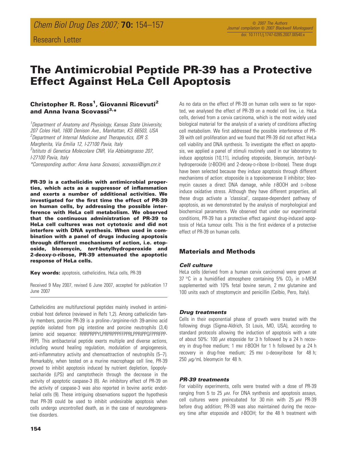 The Antimicrobial Peptide PR-39 has a Protective Effect Against HeLa Cell Apoptosis by unknow