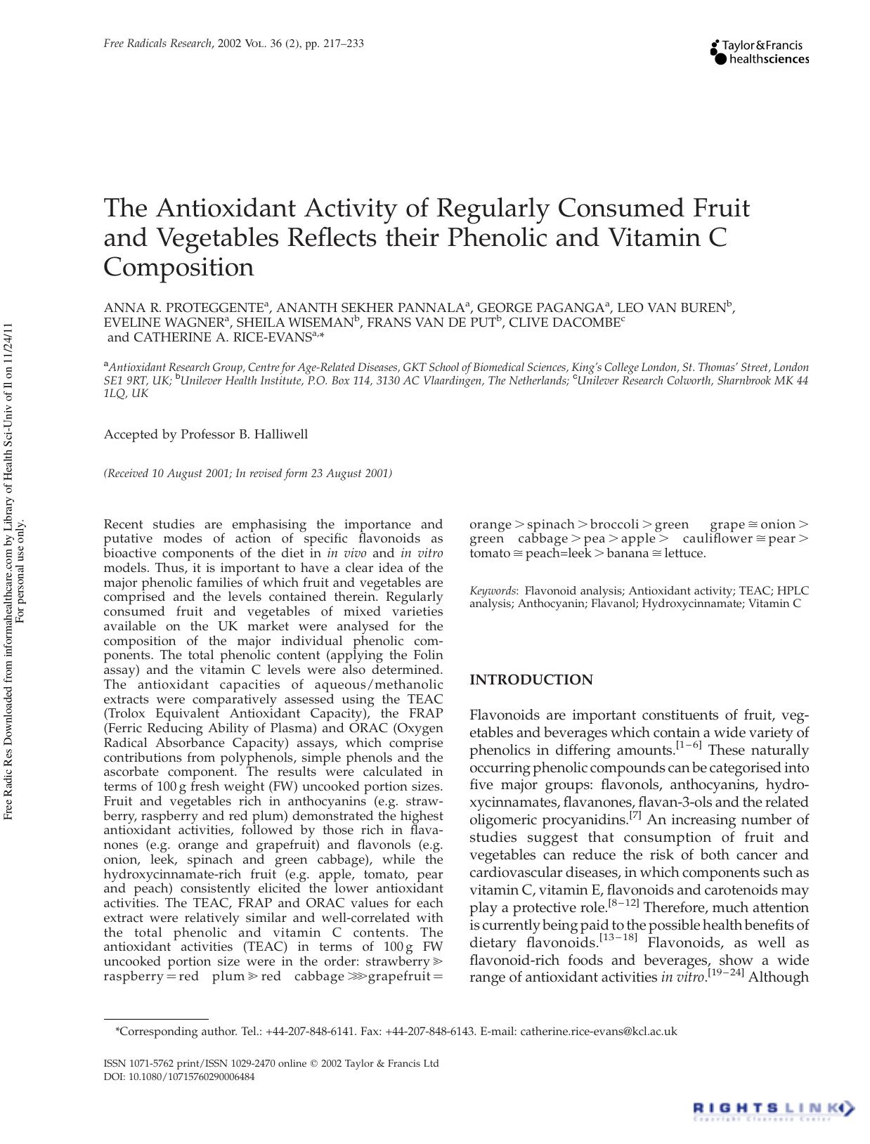 The Antioxidant Activity of Regularly Consumed Fruit and Vegetables Reflects their Phenolic and Vitamin C Composition by unknow