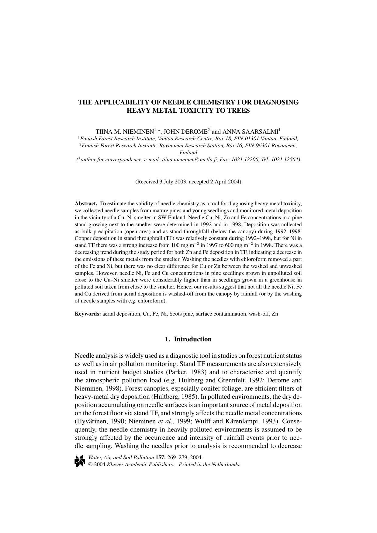 The Applicability of Needle Chemistry for Diagnosing Heavy Metal Toxicity to Trees by Unknown