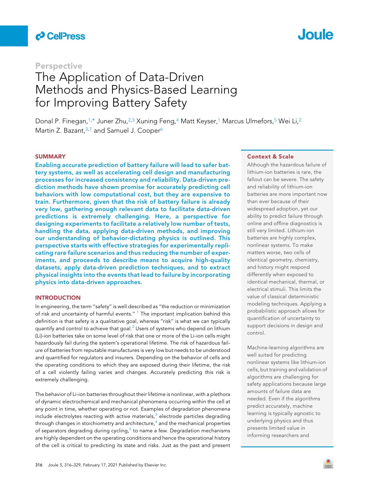 The Application of Data-Driven Methods and Physics-Based Learning for Improving Battery Safety by unknow