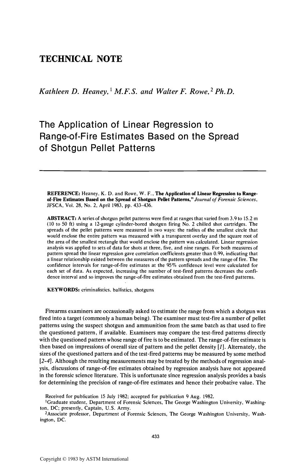The Application of Linear Regression to Range-of-Fire Estimates Based on the Spread of Shotgun Pellet Patterns by Heaney KD Rowe WF