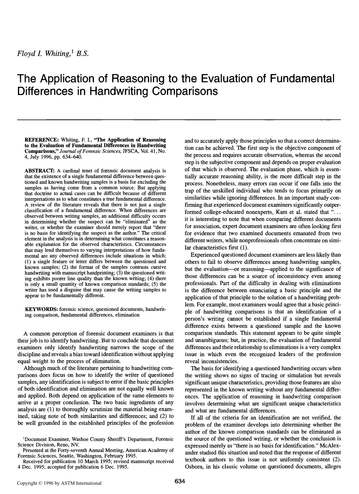 The Application of Reasoning to the Evaluation of Fundamental Differences in Handwriting Comparisons by Whiting FI