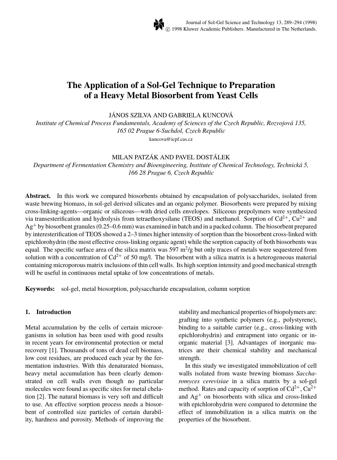 The Application of a Sol-Gel Technique to Preparation of a Heavy Metal Biosorbent from Yeast Cells by Unknown
