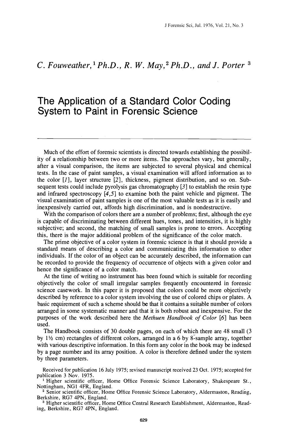 The Application of a Standard Color Coding System to Paint in Forensic Science by Fouweather C May RW Porter J