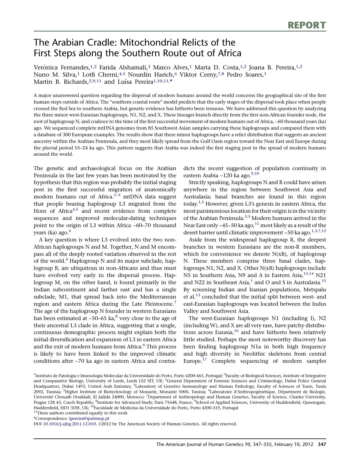 The Arabian Cradle: Mitochondrial Relicts of the First Steps along the Southern Route out of Africa by unknow