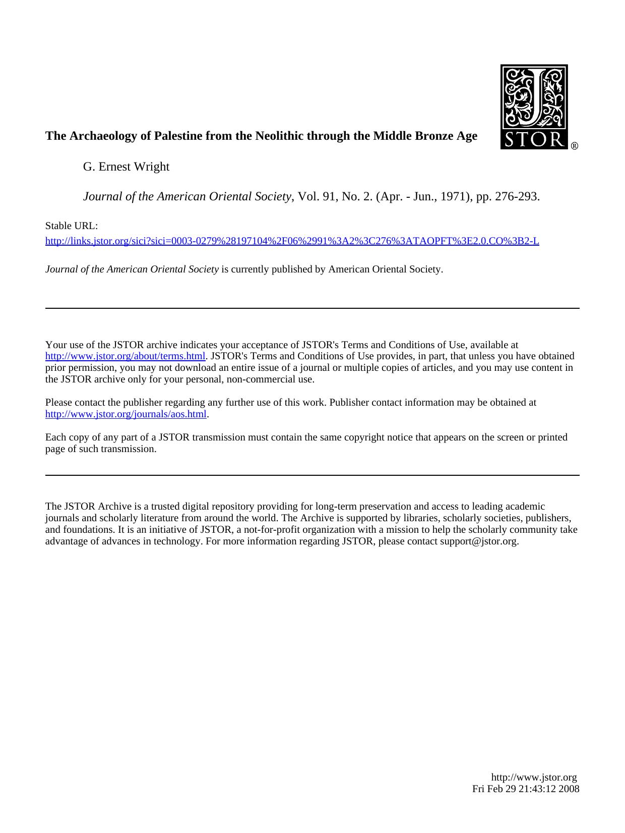 The Archaeology of Palestine from the Neolithic through the Middle Bronze Age by G. Ernest Wright